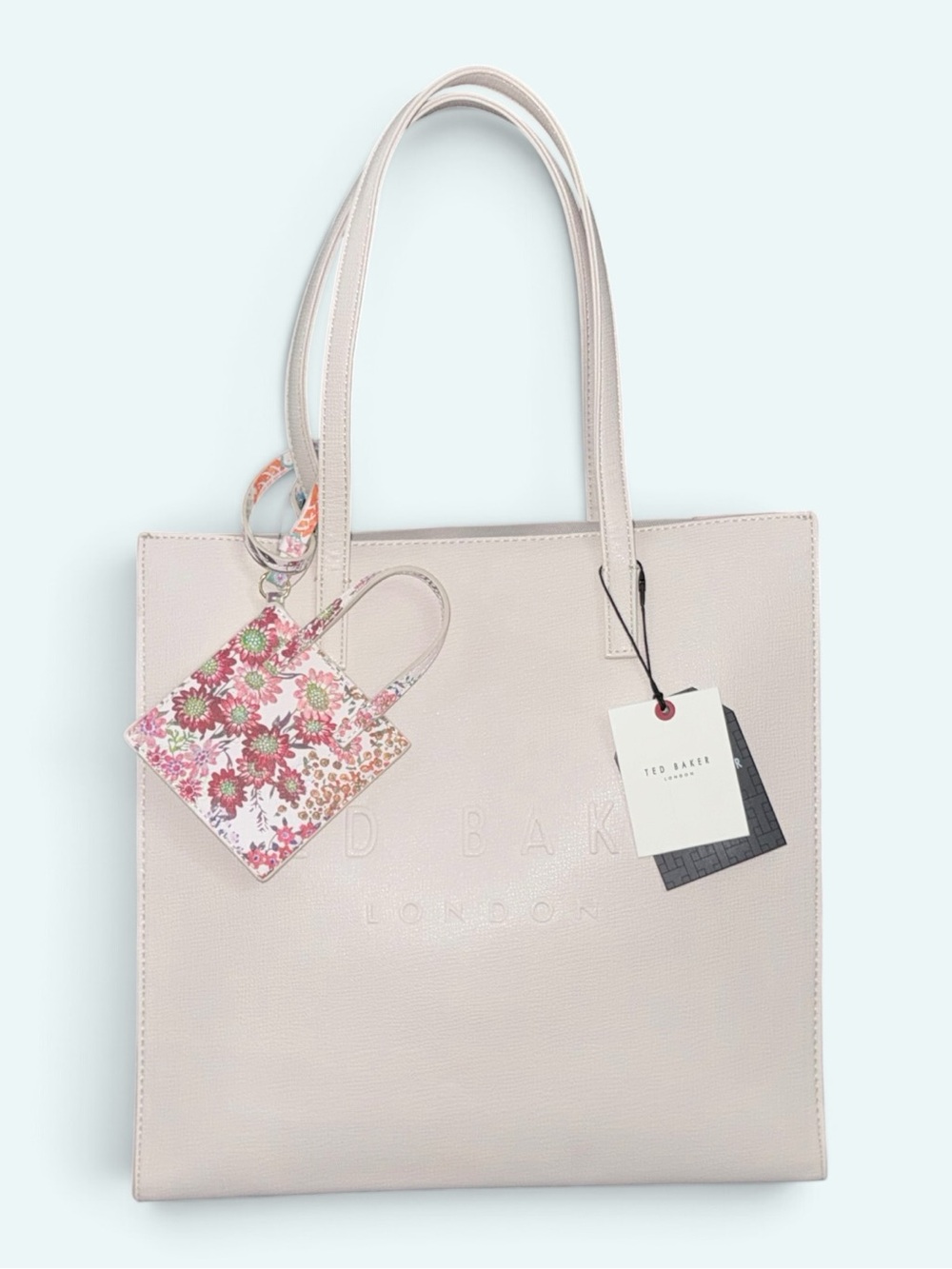 Ted Baker NWT “Icon” Off-White Leather Tote with Floral Bag Charm